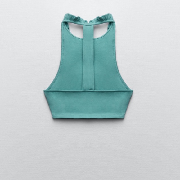 NWT ZARA Festival Teal Ribbed Ruffle T-Back Crop Tank Top - Picture 4 of 5